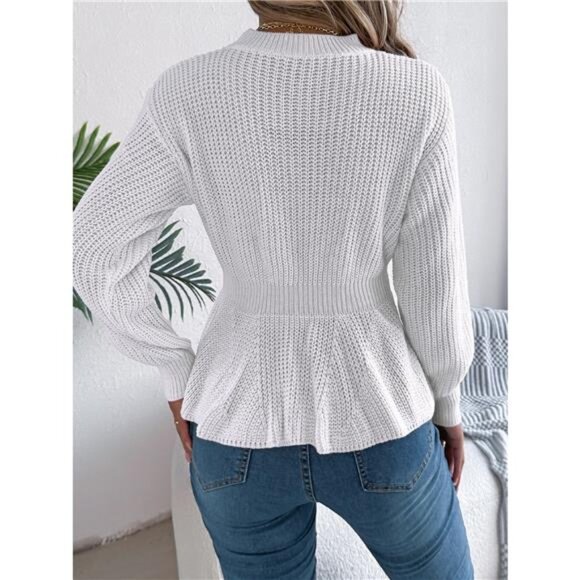 Cable Knit Round Neck Peplum Sweater - Picture 3 of 16